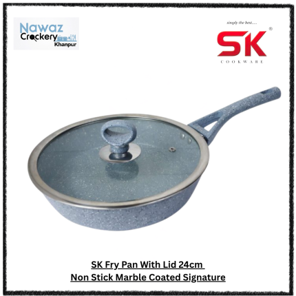 SK Fry Pan With Lid 24cm Non Stick Marble Coated Signature- Gray